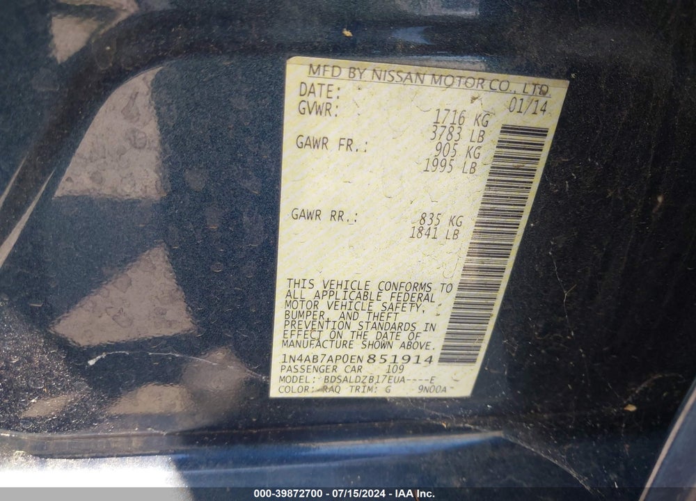 2014 NISSAN SENTRA FE+ S/FE+ SV/S/SL/SR/SV VIN: 1N4AB7AP0EN851914