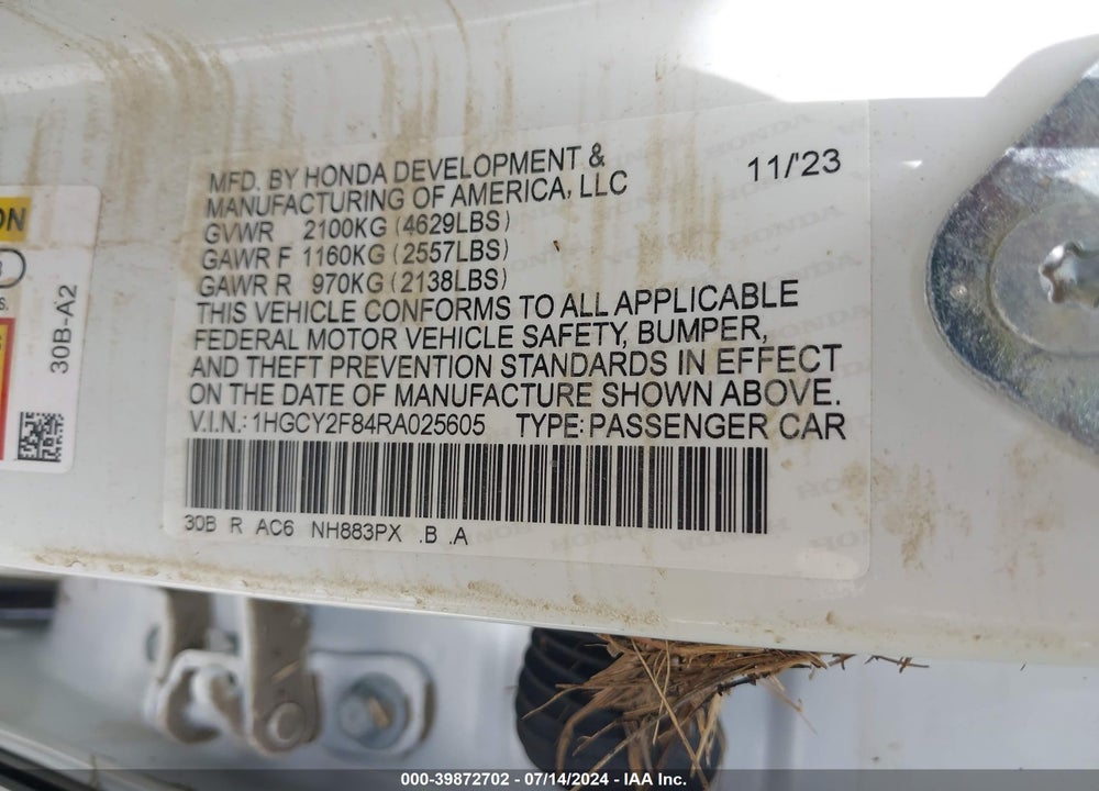 2024 HONDA ACCORD HYBRID TOURING VIN: 1HGCY2F84RA025605