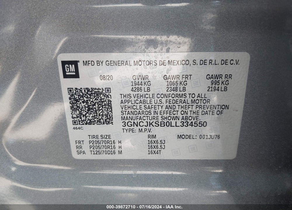 2020 CHEVROLET TRAX FWD LS VIN: 3GNCJKSB0LL334550