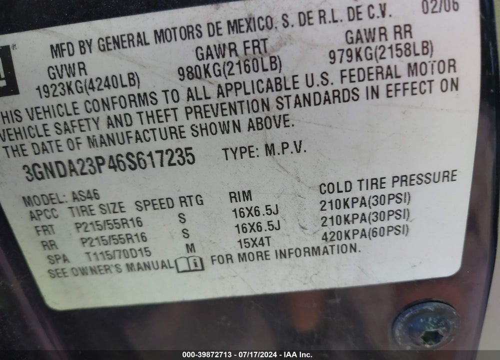 2006 CHEVROLET HHR LT VIN: 3GNDA23P46S617235