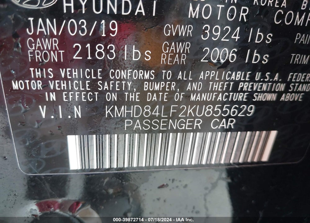 2019 HYUNDAI ELANTRA SEL VIN: KMHD84LF2KU855629