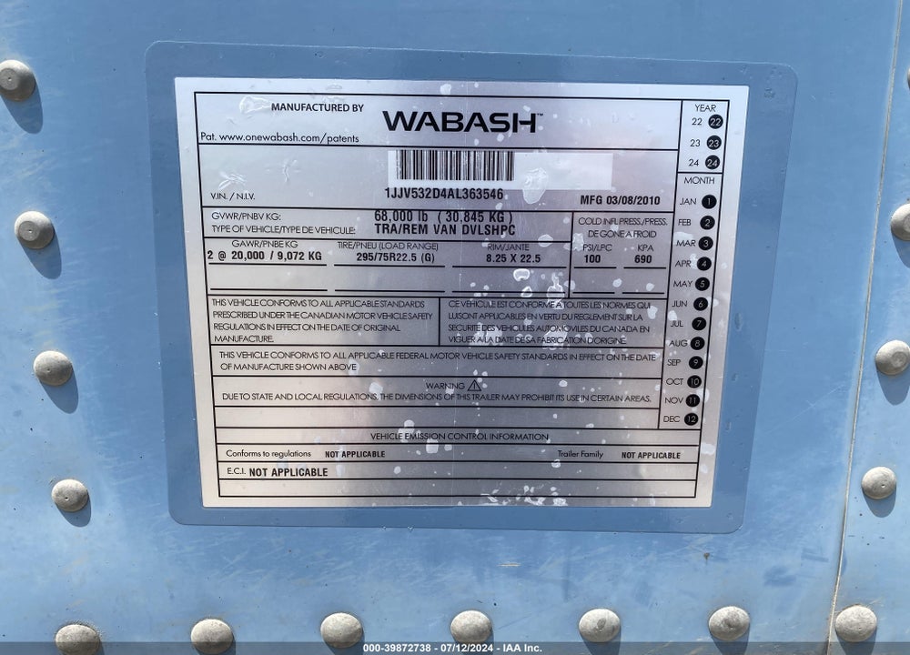 2010 WABASH NATIONAL CORP DRY VAN TRAILER VIN: 1JJV532D4AL363546