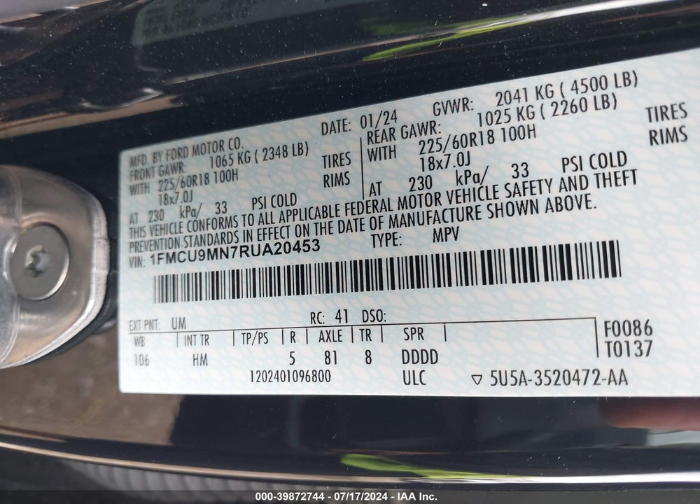 2024 FORD ESCAPE ST LINE VIN: 1FMCU9MN7RUA20453