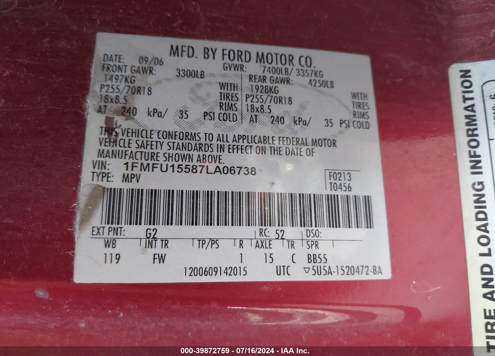 2007 FORD EXPEDITION XLT VIN: 1FMFU15587LA06738
