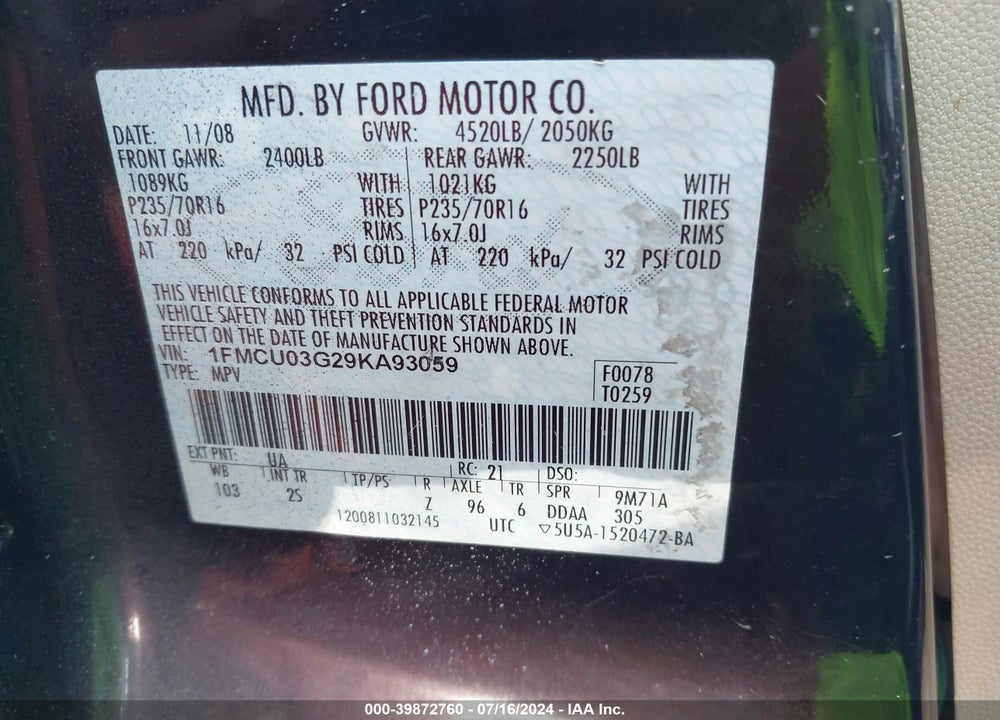 2009 FORD ESCAPE XLT VIN: 1FMCU03G29KA93059