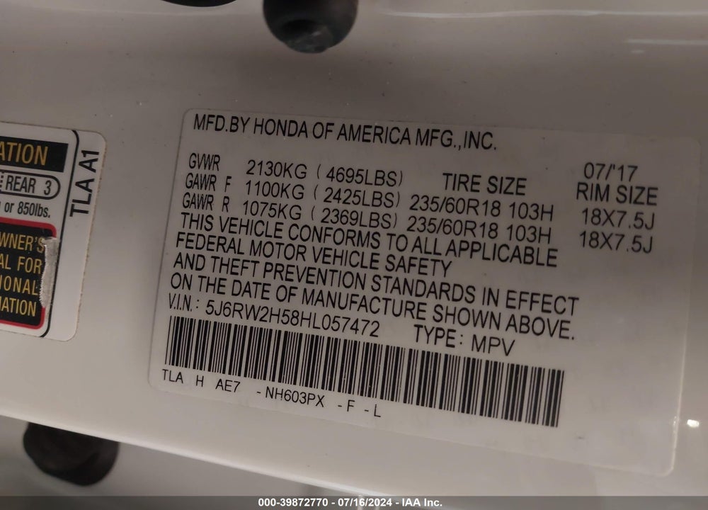 2017 HONDA CR-V EX VIN: 5J6RW2H58HL057472