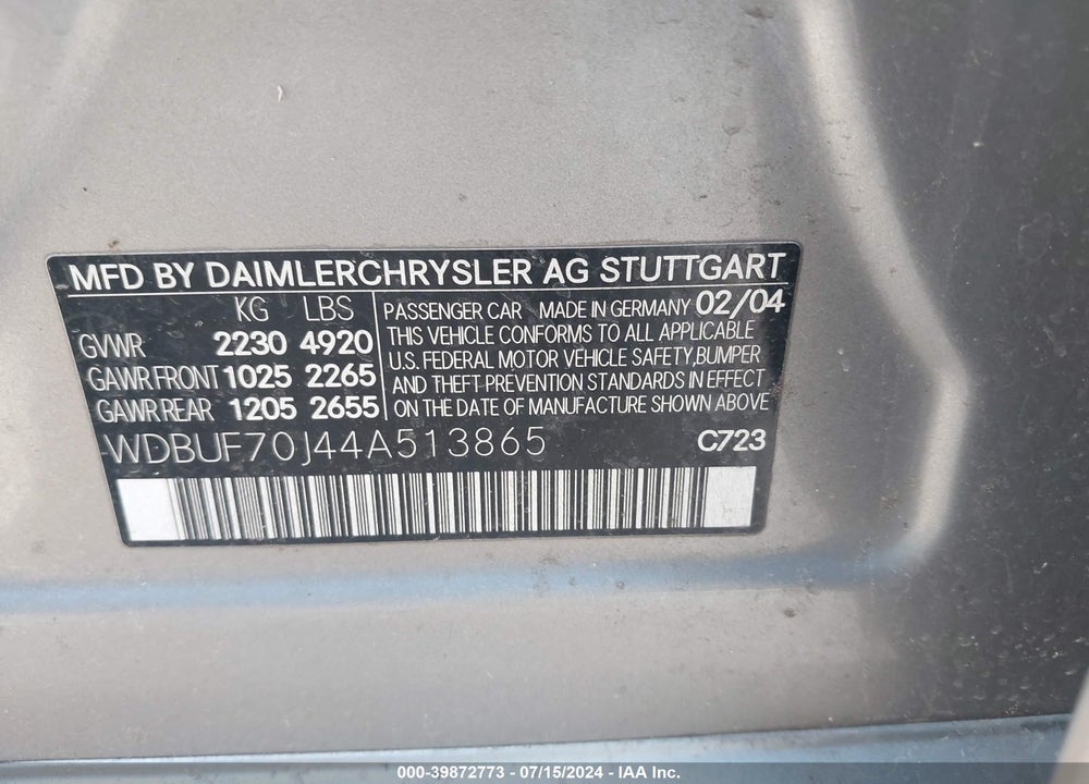 2004 MERCEDES-BENZ E 500 VIN: WDBUF70J44A513865