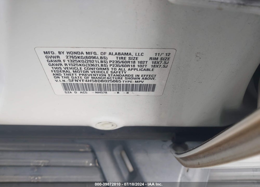 2013 HONDA PILOT EX-L VIN: 5FNYF4H58DB025065
