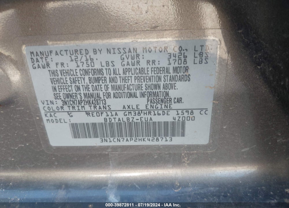 2017 NISSAN VERSA 1.6 SV VIN: 3N1CN7AP2HK428713