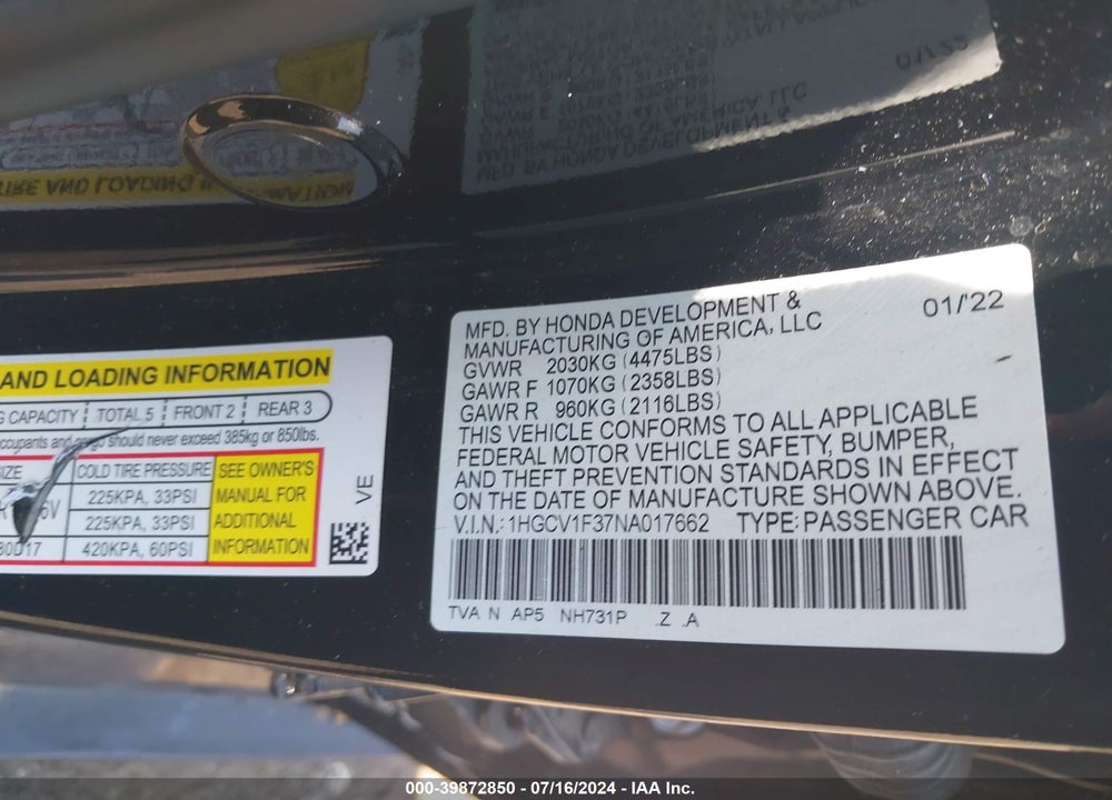 2022 HONDA ACCORD SPORT VIN: 1HGCV1F37NA017662