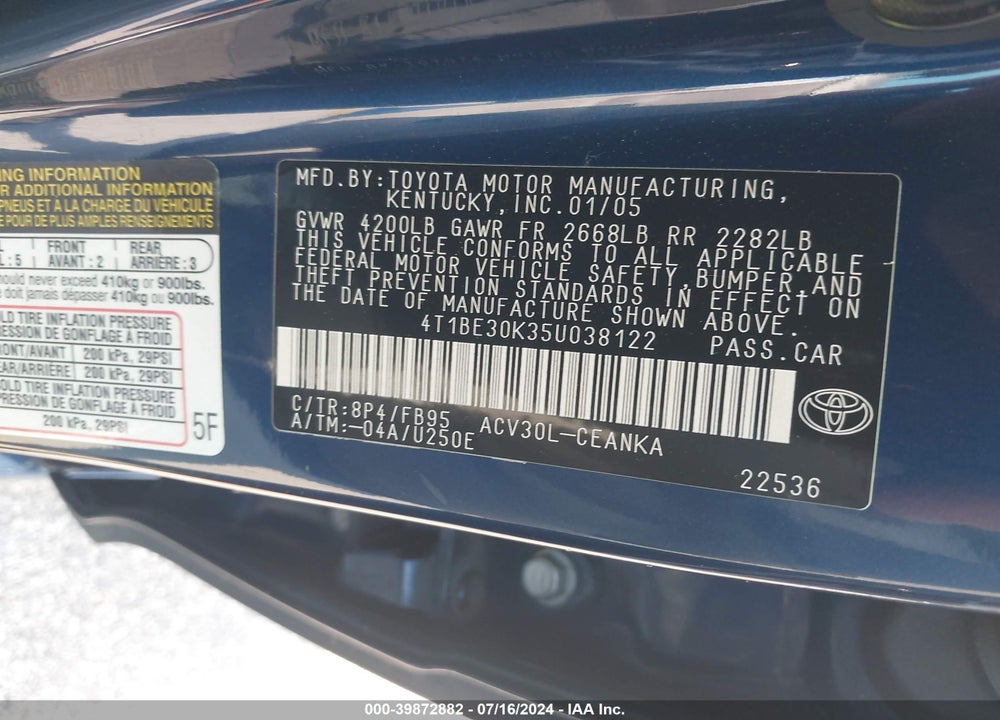 2005 TOYOTA CAMRY LE VIN: 4T1BE30K35U038122