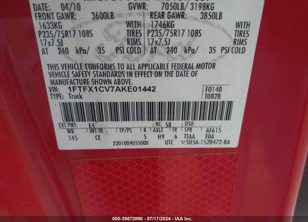 2010 FORD F-150 FX2 SPORT/LARIAT/XL/XLT VIN: 1FTFX1CV7AKE01442