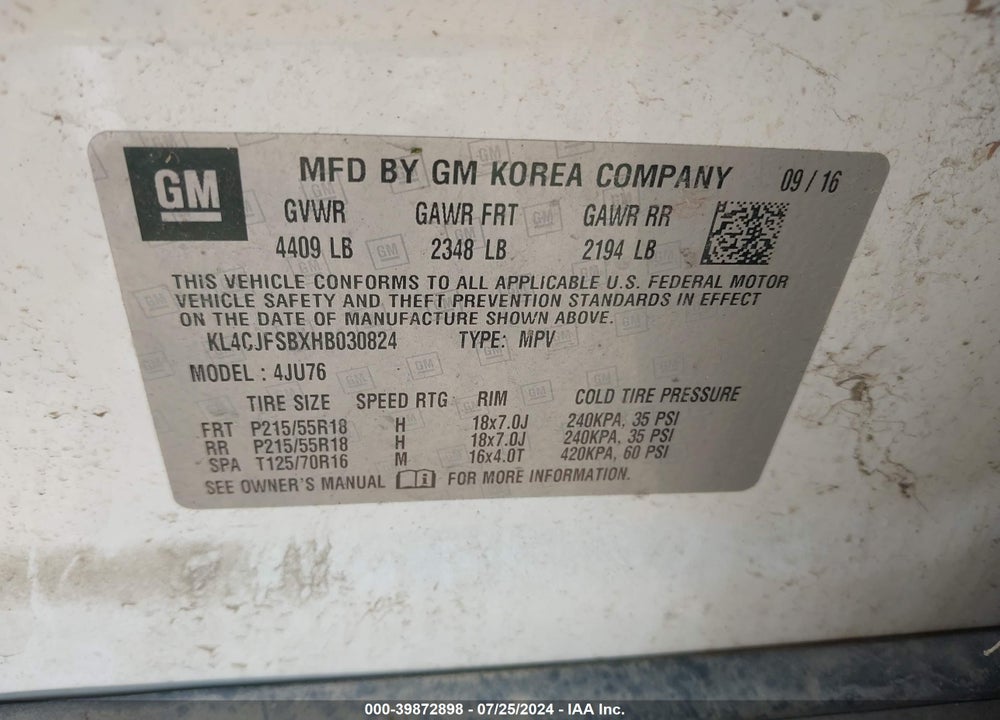 2017 BUICK ENCORE PREFERRED II VIN: KL4CJFSBXHB030824