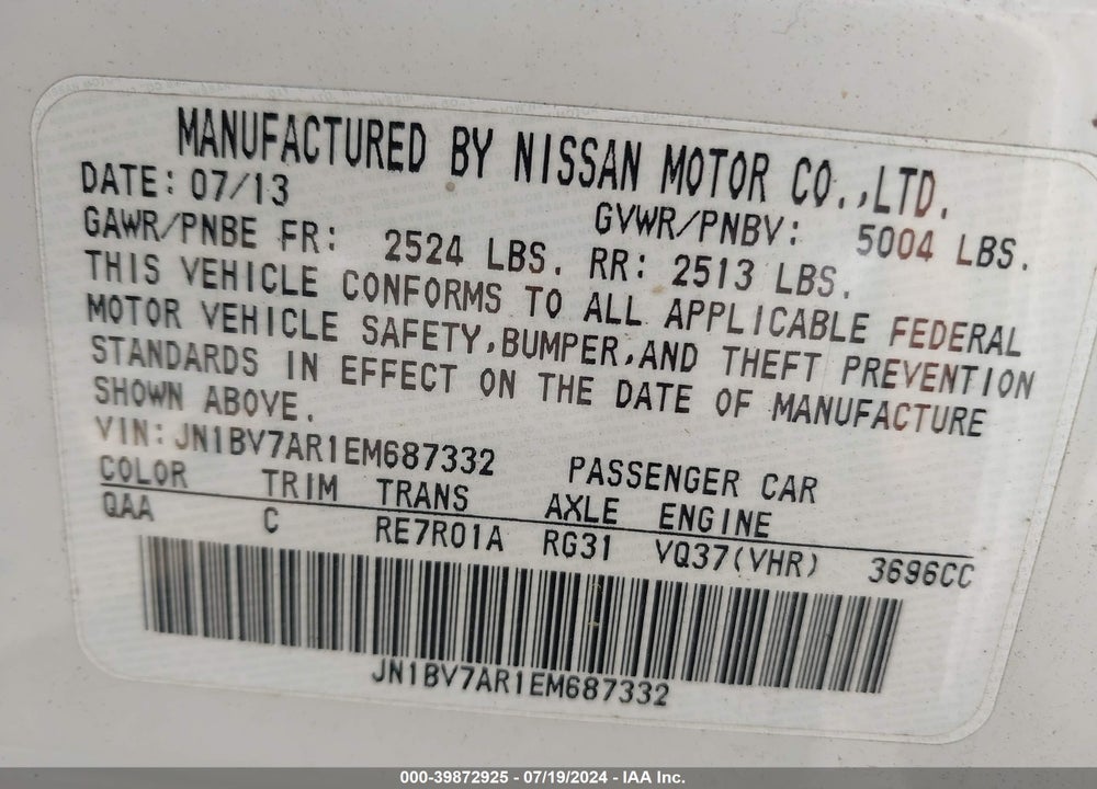 2014 INFINITI Q50 PREMIUM VIN: JN1BV7AR1EM687332