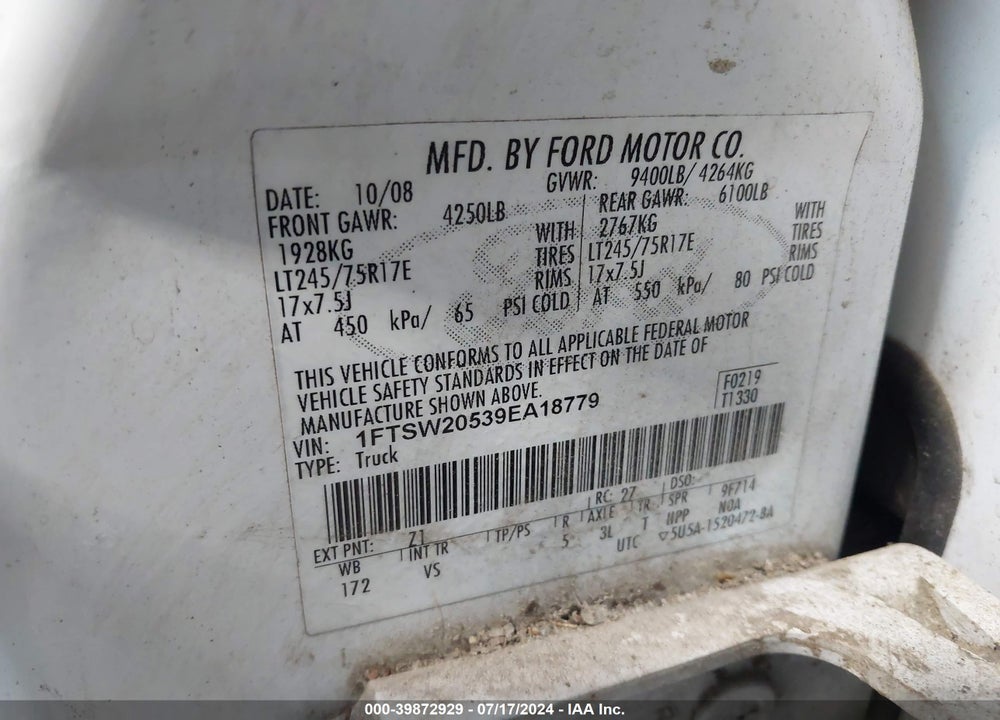 2009 FORD F-250 KING RANCH/LARIAT/XL/XLT VIN: 1FTSW20539EA18779