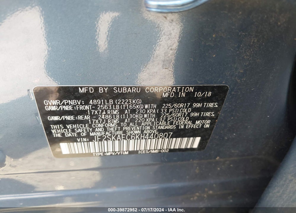2019 SUBARU FORESTER PREMIUM VIN: JF2SKAEC6KH440807