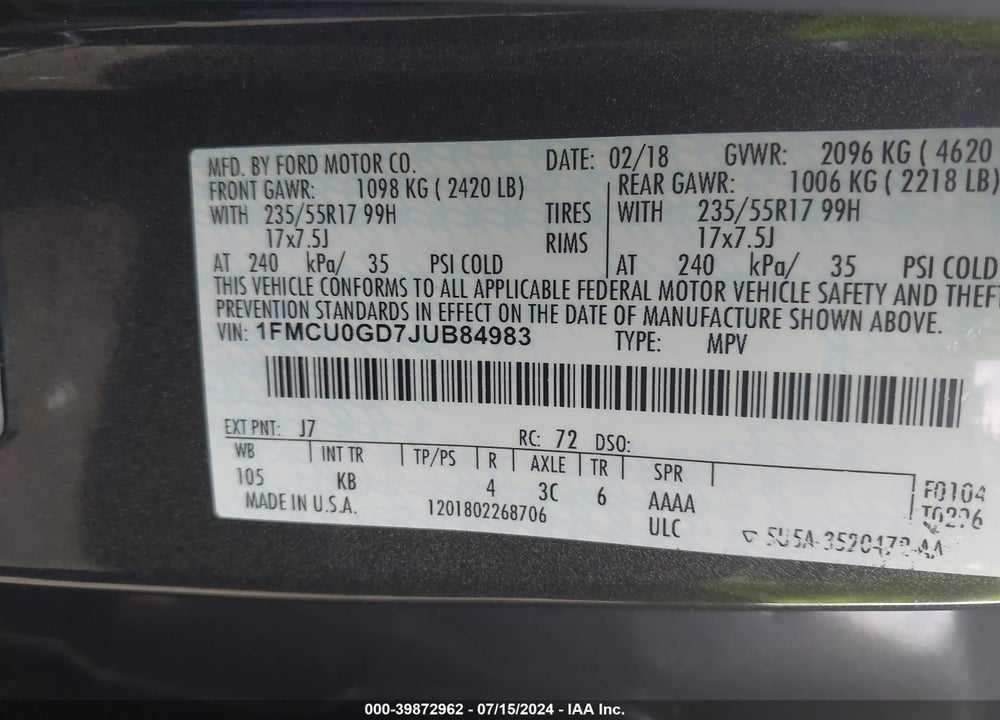 2018 FORD ESCAPE SE VIN: 1FMCU0GD7JUB84983