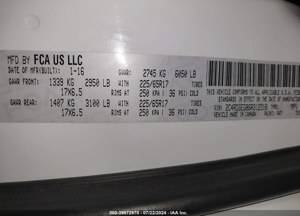 2016 DODGE GRAND CARAVAN R/T VIN: 2C4RDGEG8GR312318