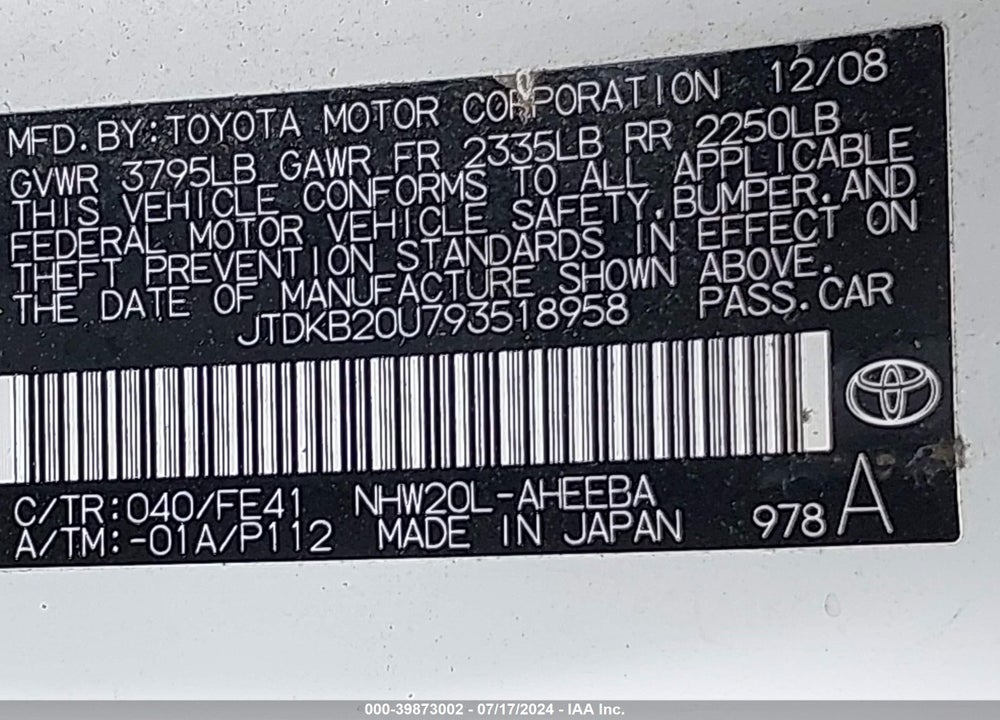 2009 TOYOTA PRIUS VIN: JTDKB20U793518958
