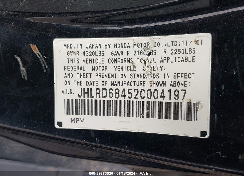 2002 HONDA CR-V LX VIN: JHLRD68452C004197