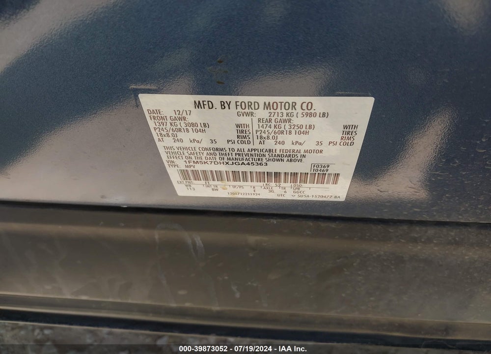 2018 FORD EXPLORER XLT VIN: 1FM5K7DHXJGA45363