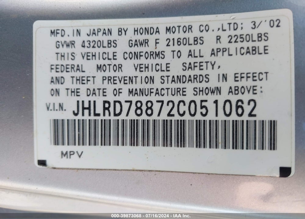 2002 HONDA CR-V EX VIN: JHLRD78872C051062