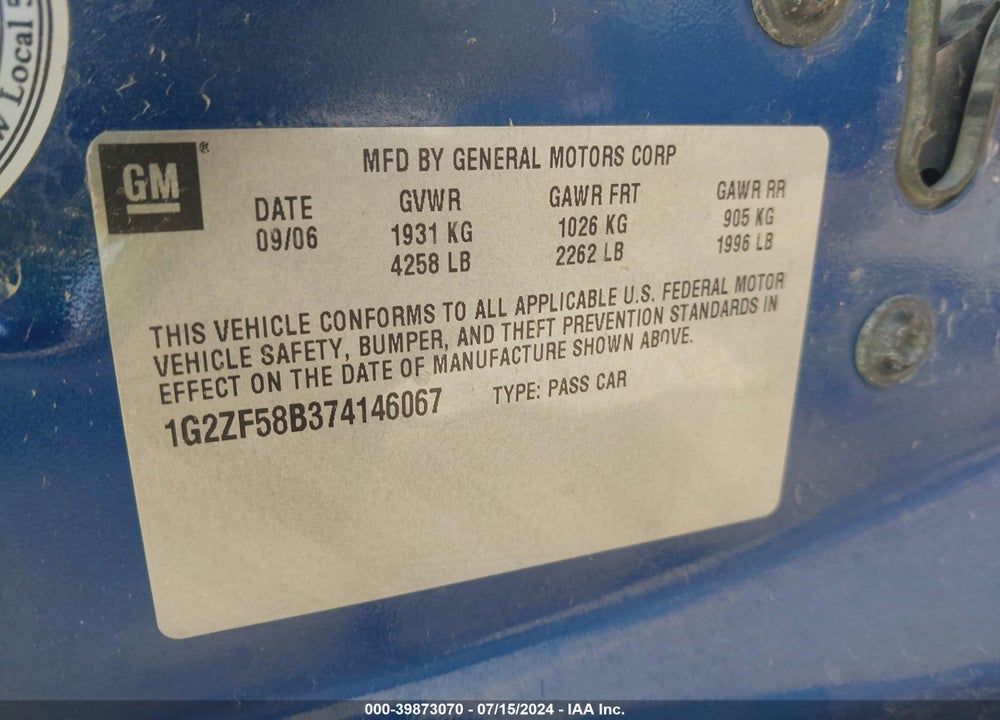 2007 PONTIAC G6 VALUE LEADER VIN: 1G2ZF58B374146067