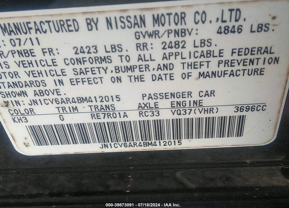 2011 INFINITI G37X VIN: JN1CV6AR4BM412015