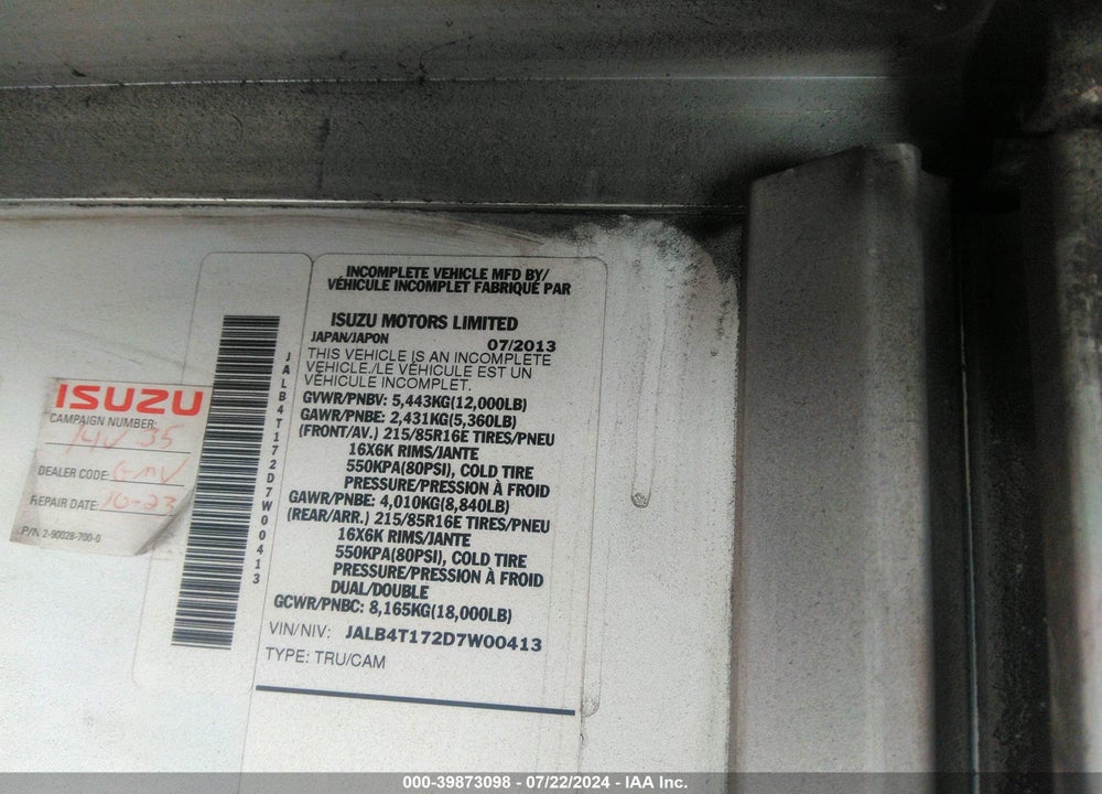 2013 ISUZU COMMERCIAL VAN VIN: JALB4T172D7W00413