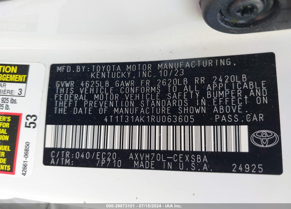 2024 TOYOTA CAMRY HYBRID SE NIGHTSHADE VIN: 4T1T31AK1RU063605