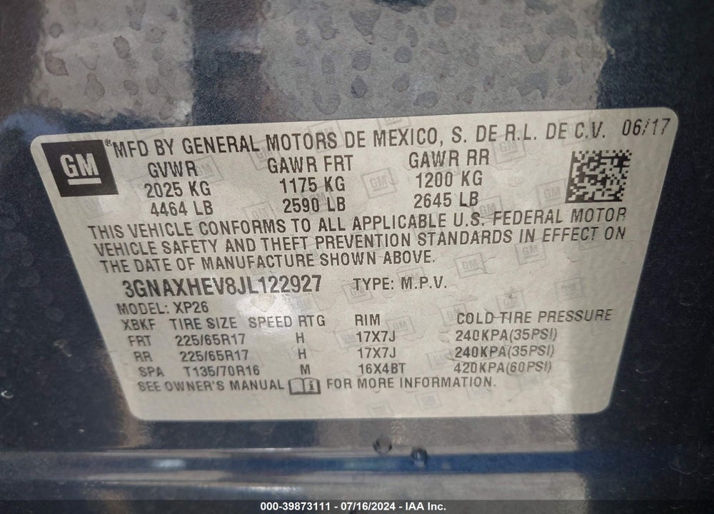 2018 CHEVROLET EQUINOX LS VIN: 3GNAXHEV8JL122927