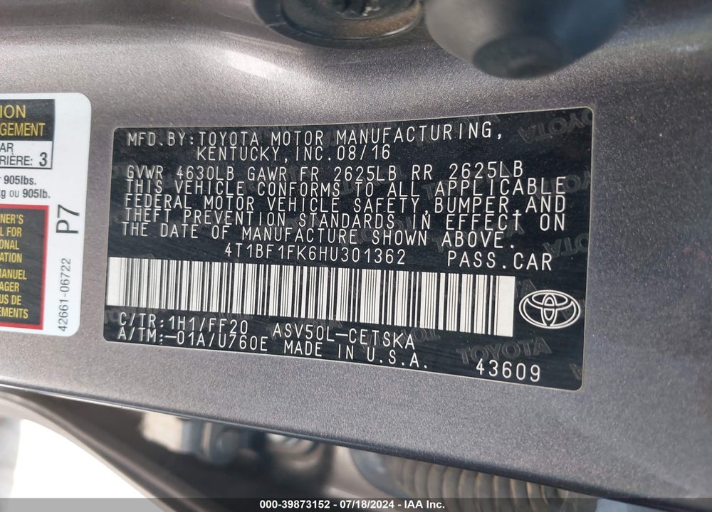 2017 TOYOTA CAMRY SE VIN: 4T1BF1FK6HU301362