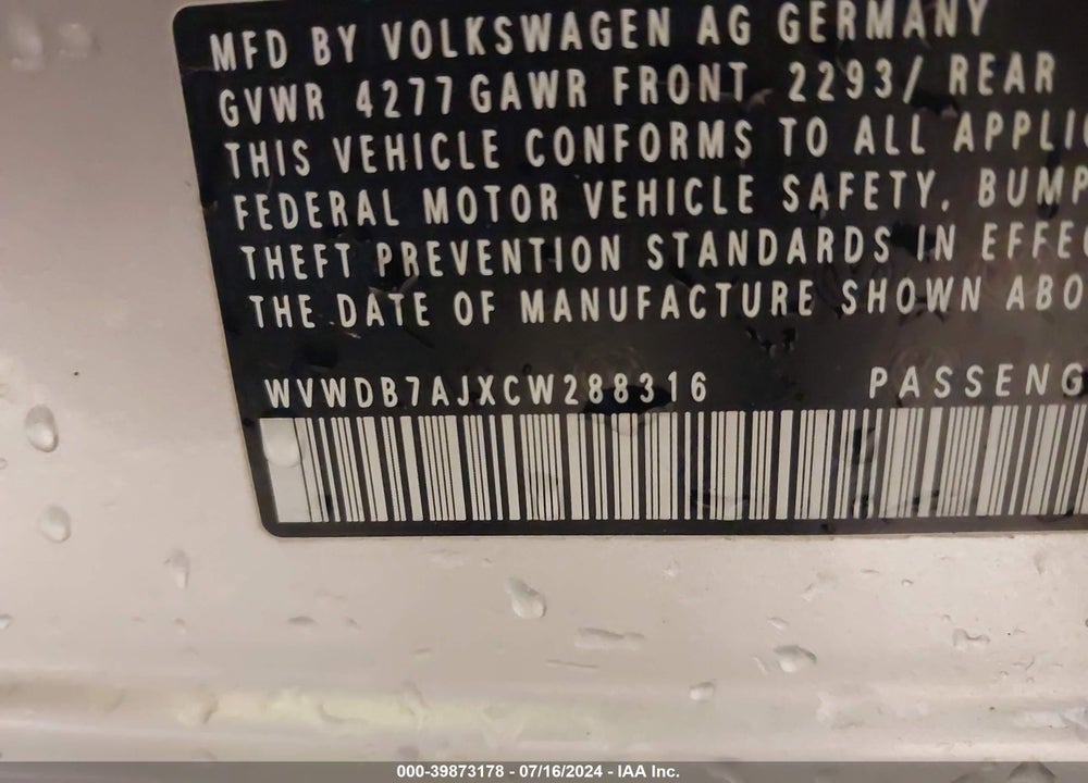 2012 VOLKSWAGEN GOLF 2.5L 4-DOOR VIN: WVWDB7AJXCW288316