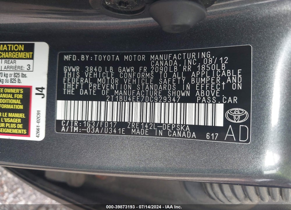 2013 TOYOTA COROLLA S VIN: 2T1BU4EE7DC929347
