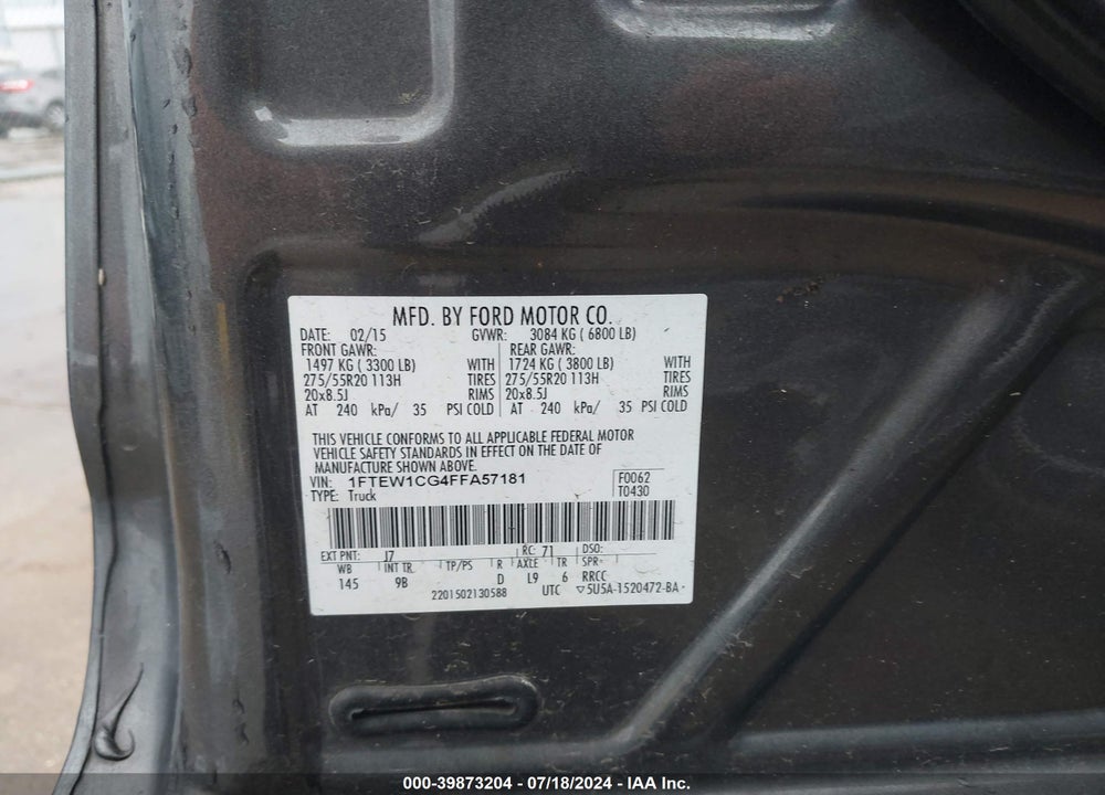 2015 FORD F-150 PLATINUM VIN: 1FTEW1CG4FFA57181