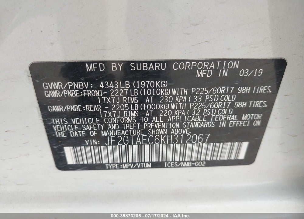 2019 SUBARU CROSSTREK 2.0I PREMIUM VIN: JF2GTAEC6KH312067