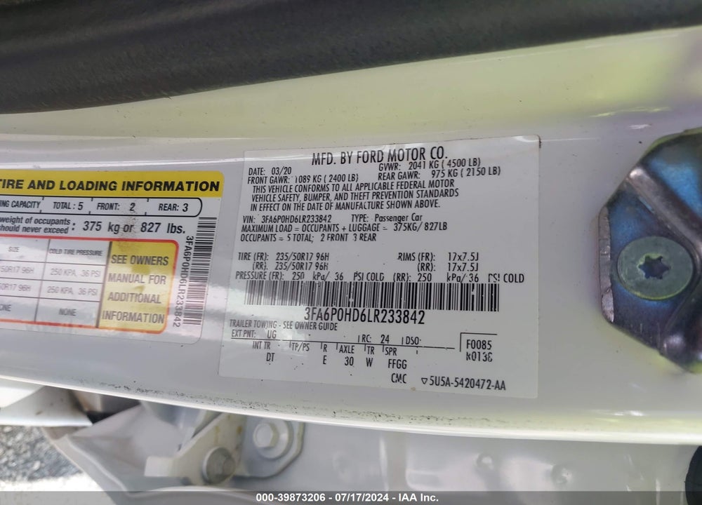 2020 FORD FUSION SE VIN: 3FA6P0HD6LR233842