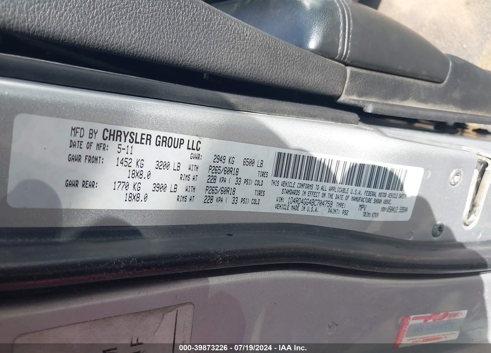 2011 DODGE DURANGO CREW VIN: 1D4RD4GG4BC704759