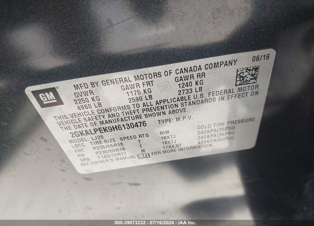 2017 GMC TERRAIN SLT VIN: 2GKALPEK9H6130476