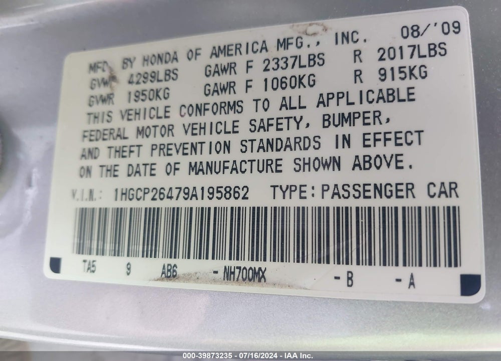 2009 HONDA ACCORD 2.4 LX-P VIN: 1HGCP26479A195862