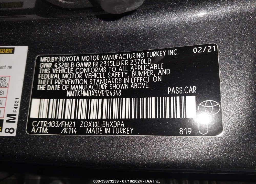 2021 TOYOTA C-HR LE VIN: NMTKHMBX5MR124348