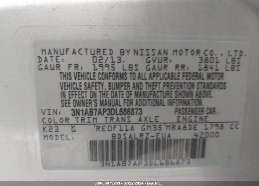 2013 NISSAN SENTRA SR VIN: 3N1AB7AP3DL686873