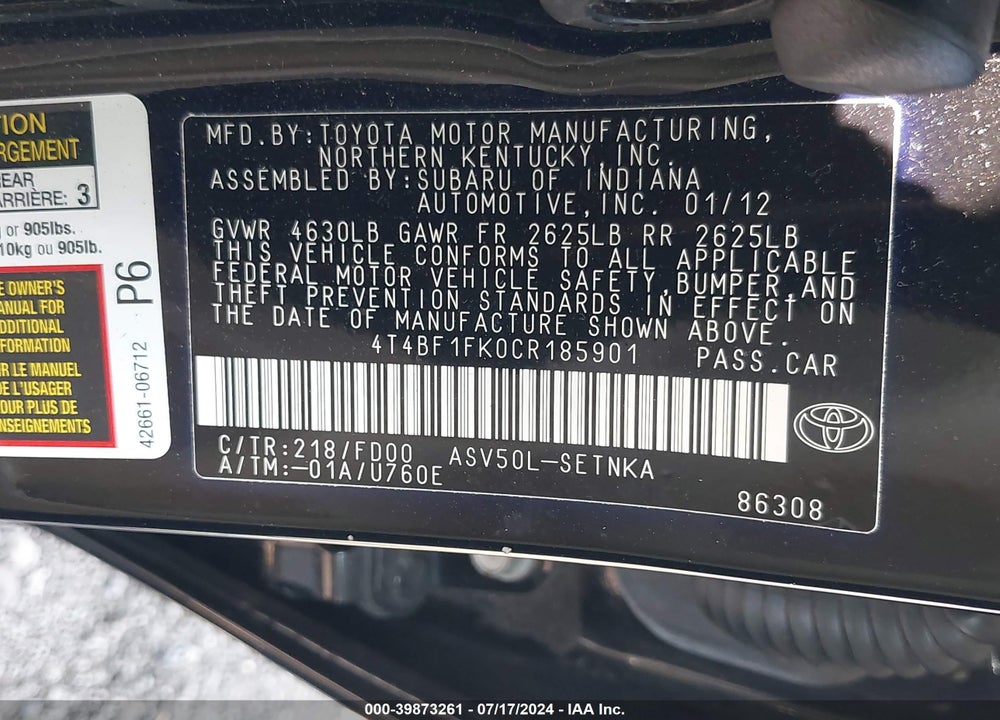 2012 TOYOTA CAMRY LE VIN: 4T4BF1FK0CR185901
