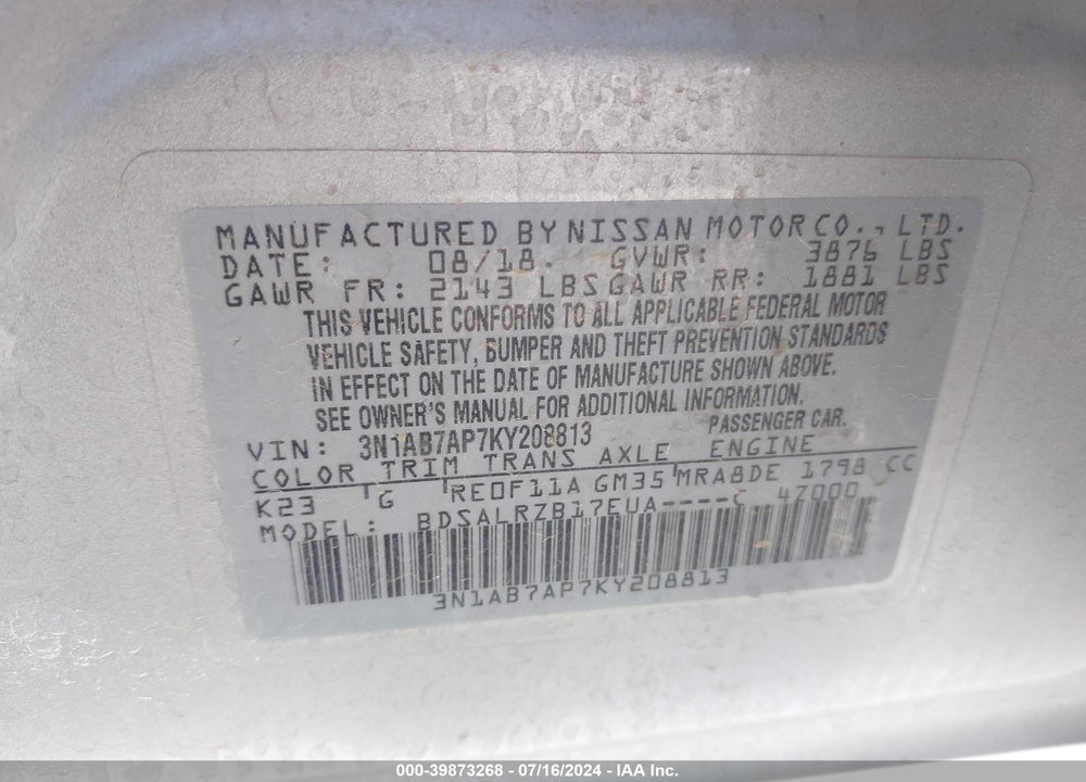 2019 NISSAN SENTRA VIN: 3N1AB7AP7KY208813