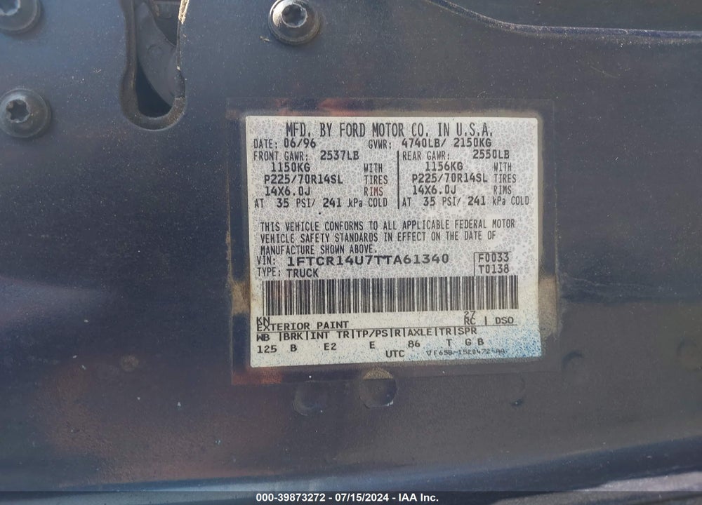 1996 FORD RANGER SUPER CAB VIN: 1FTCR14U7TTA61340
