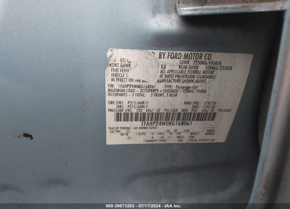 2008 FORD TAURUS SEL VIN: 1FAHP24W08G168061