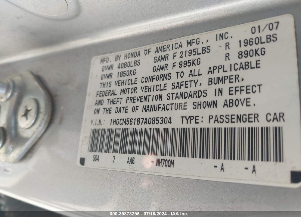 2007 HONDA ACCORD 2.4 VP VIN: 1HGCM56187A085304