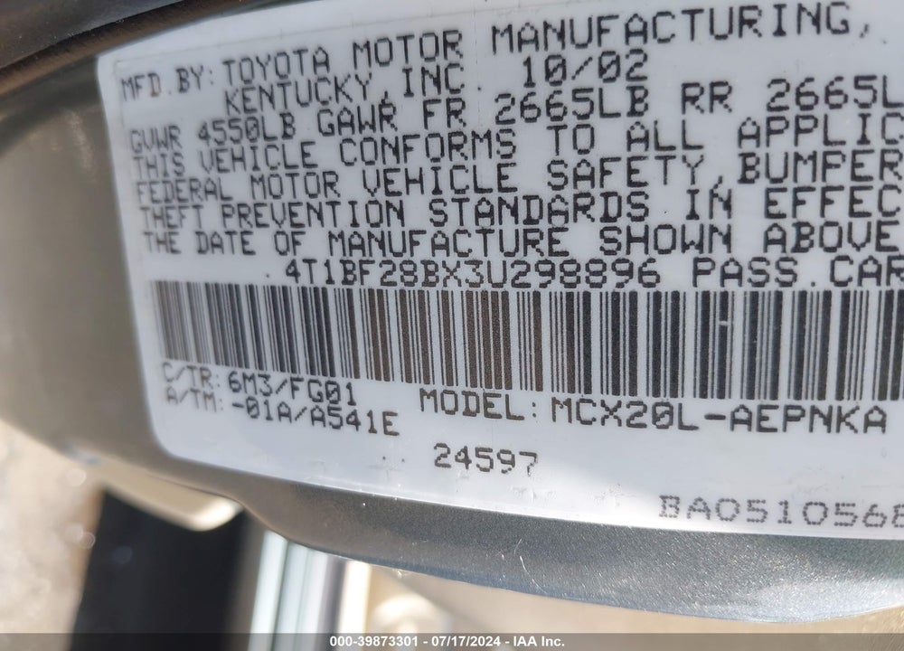 2003 TOYOTA AVALON XL VIN: 4T1BF28BX3U298896