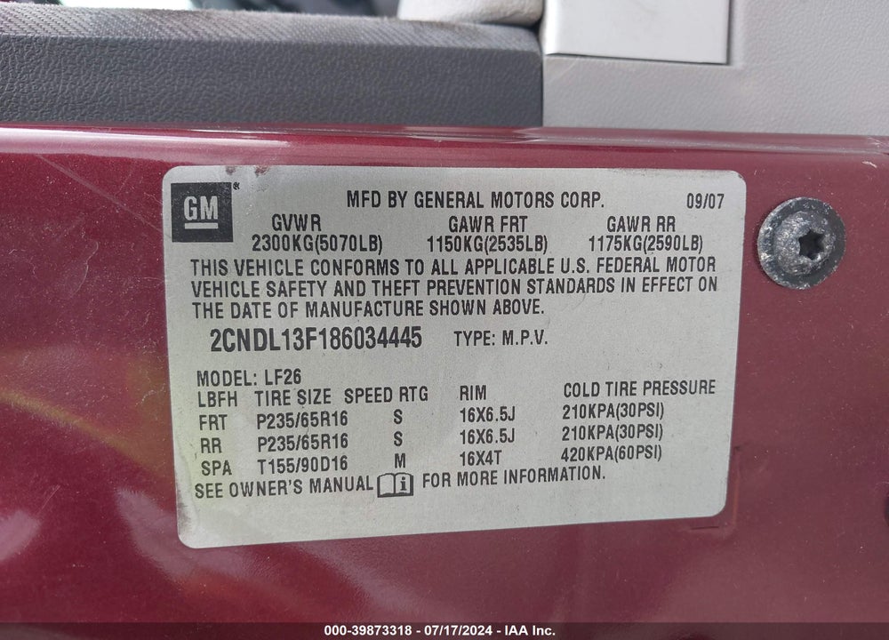 2008 CHEVROLET EQUINOX LS VIN: 2CNDL13F186034445