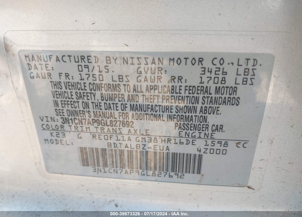 2016 NISSAN VERSA 1.6 S/1.6 S+/1.6 SL/1.6 SV VIN: 3N1CN7AP9GL827692